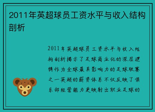 2011年英超球员工资水平与收入结构剖析