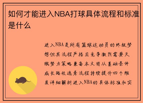 如何才能进入NBA打球具体流程和标准是什么